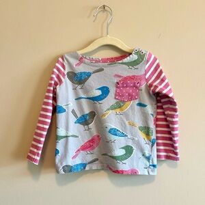Mini Boden Pink Stripe & Multi-Color Bird Print Long Sleeve Top